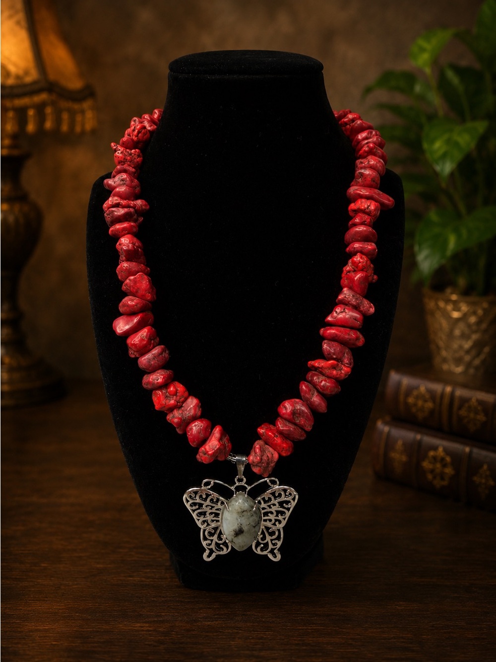 Chunky Red Magnesite & Moonstone Butterfly Pendant Necklace 20”